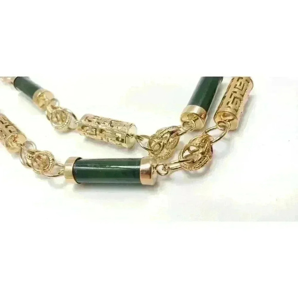 Jade Jewelry - Vintage Mid Century Asian Inspired 60s Gold Nephrite Jade Greek Key Necklace MCM